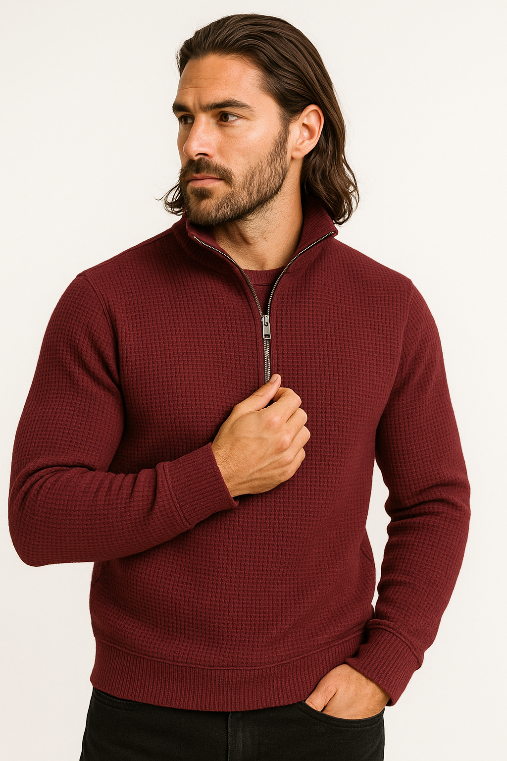 Pack of 2 White & Maroon WaffleZip Mocknecks