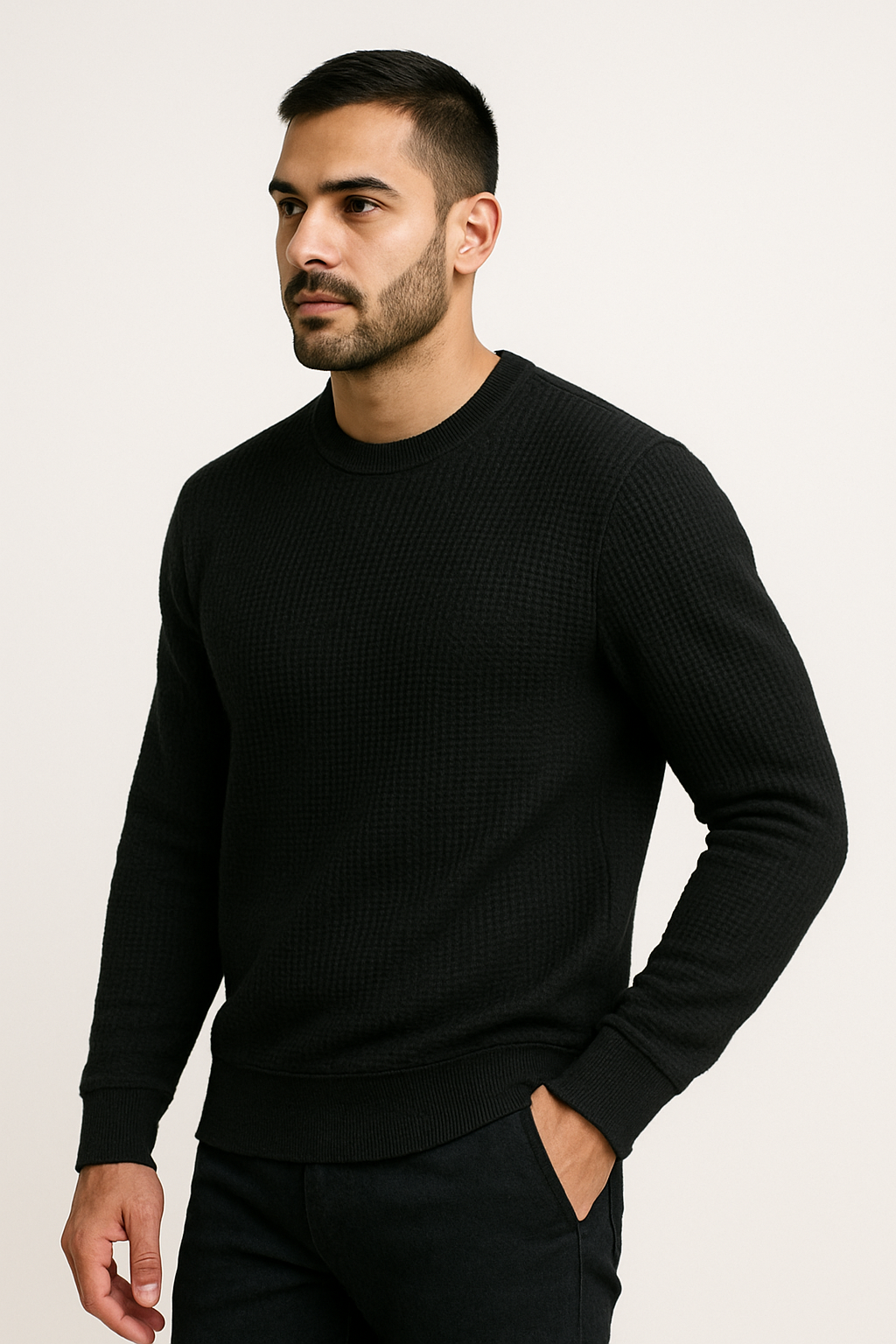 Black Waffle-Knitted Sweatshirt