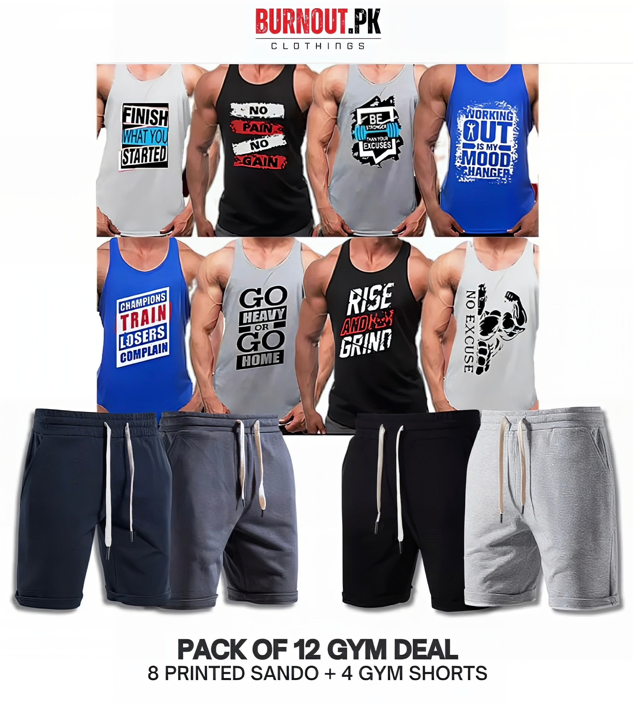 Pack of 12 Deal (8 Printed Sando Tanks & 4 Shorts)