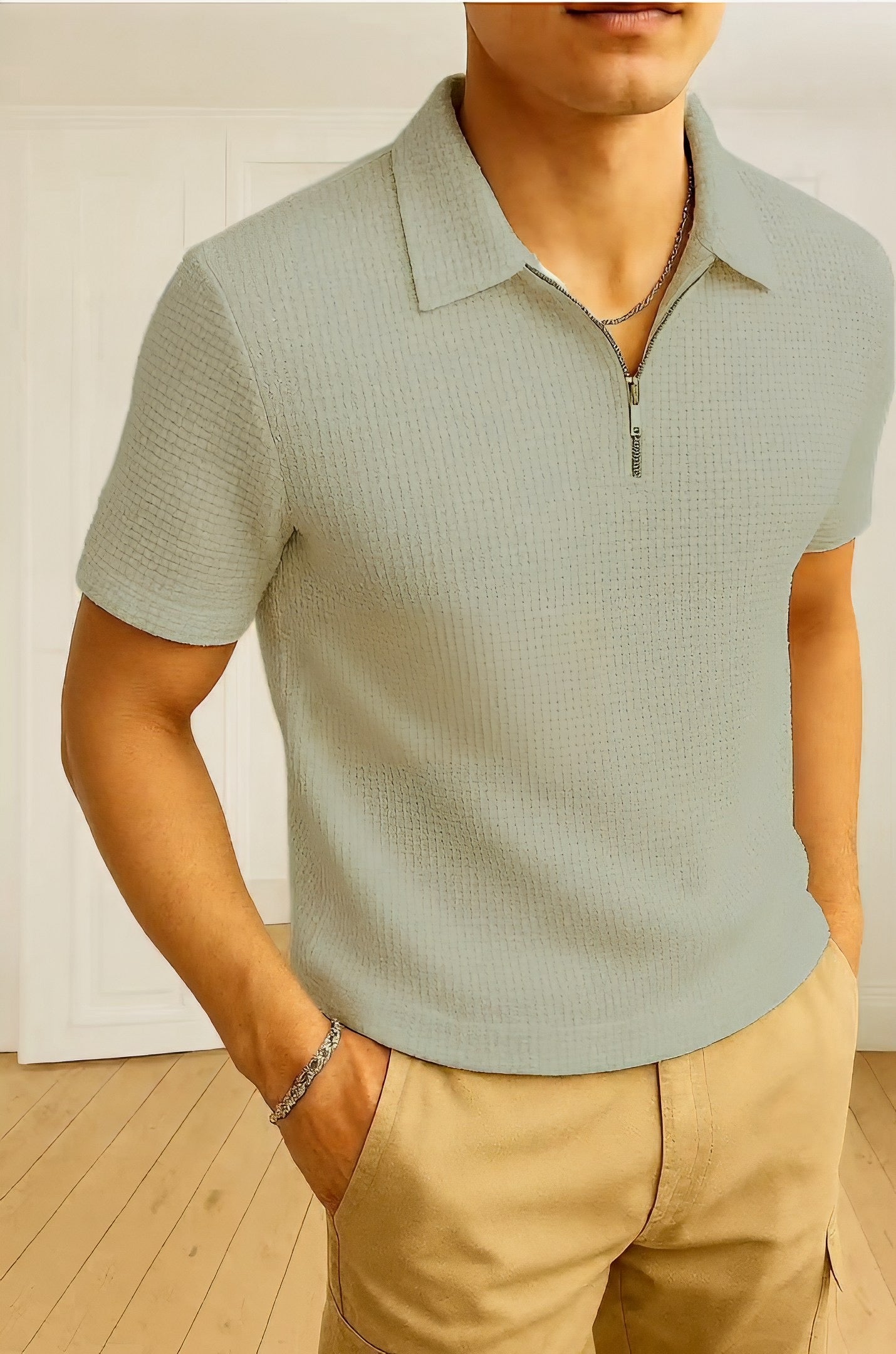 Waffle Knit Zipper Polo T-Shirt - Grey
